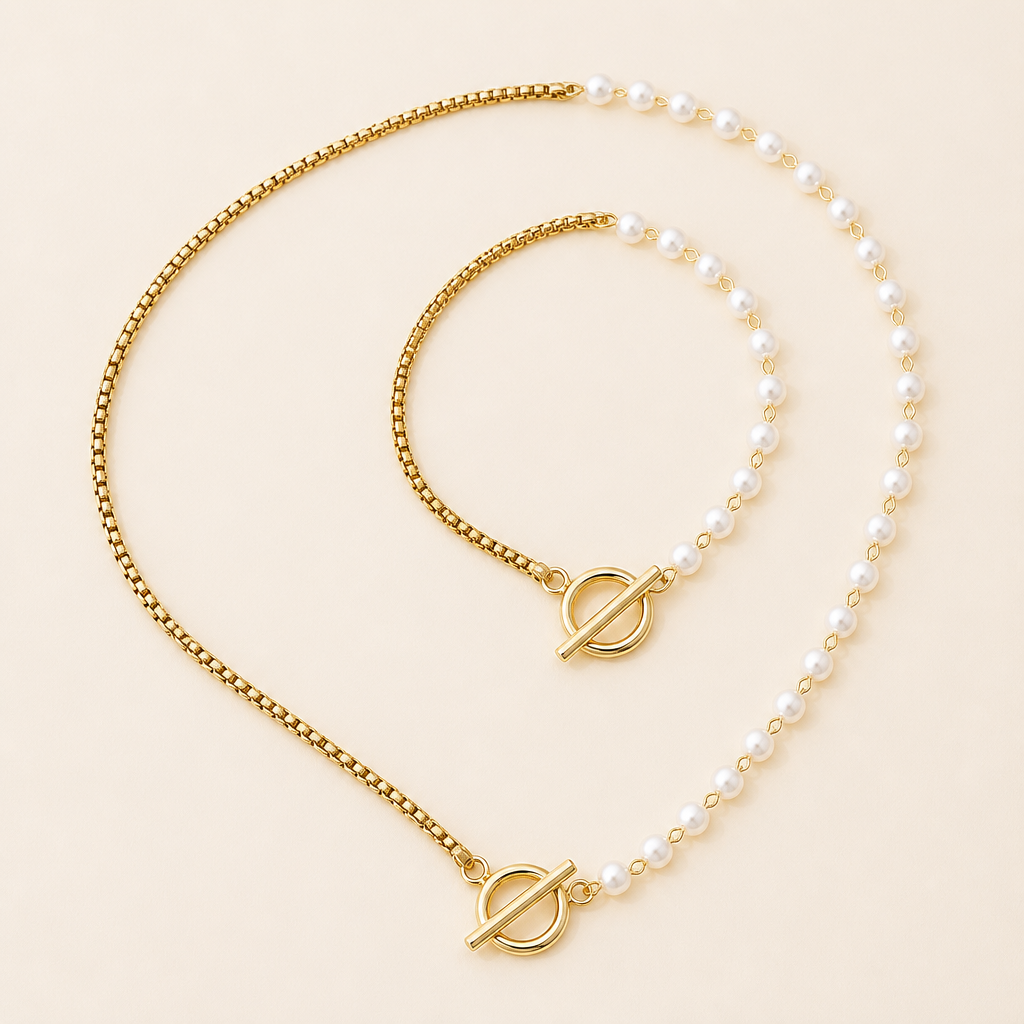 ViraLuxe™ – Asymmetric Pearl-and-Chain Gold Necklace & Bracelet Set