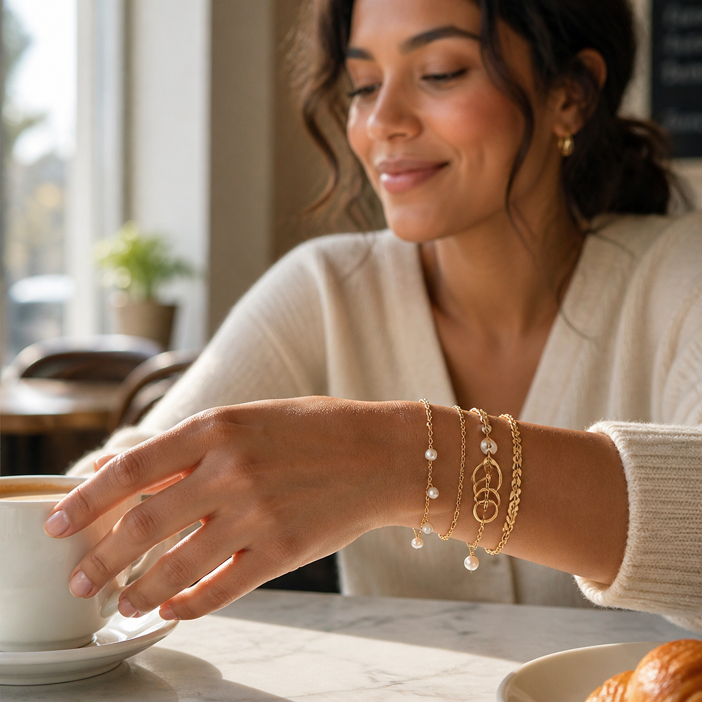 RadianceAura™ – Gold-Plated Layered Bracelet Set with Pearl & Laurel Detail
