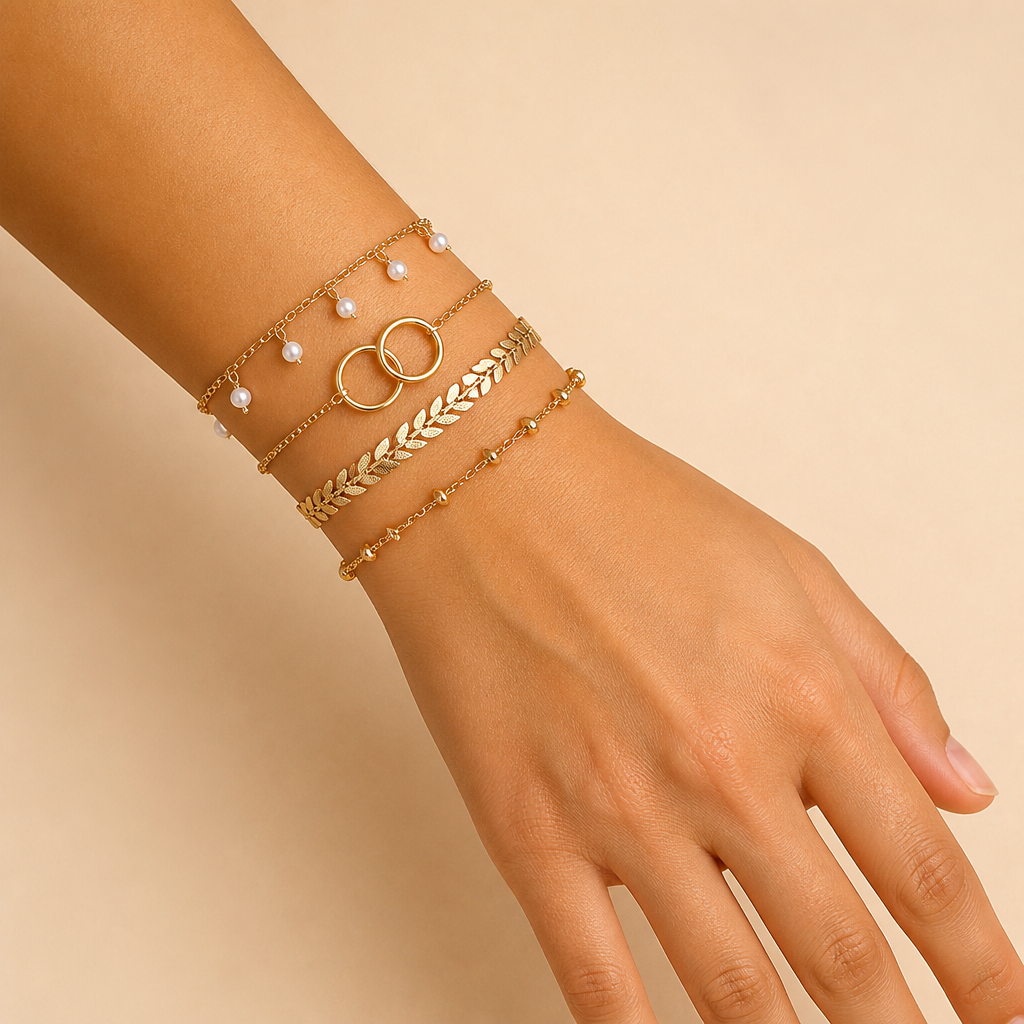 RadianceAura™ – Gold-Plated Layered Bracelet Set with Pearl & Laurel Detail