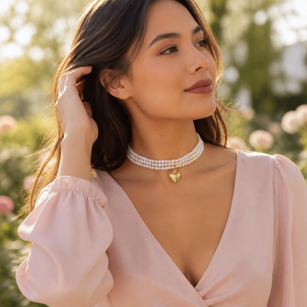 LumaLuxe™ – Romantic Triple-Strand Pearl Choker with Gold Heart Pendant
