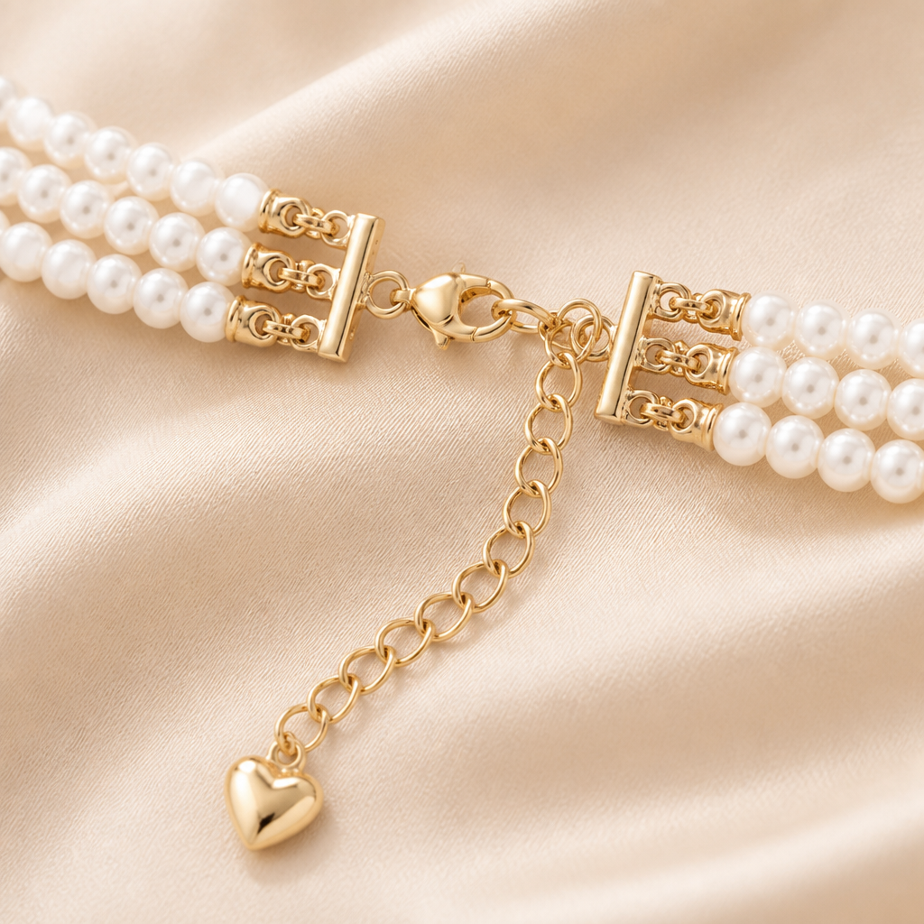 LumaLuxe™ – Romantic Triple-Strand Pearl Choker with Gold Heart Pendant