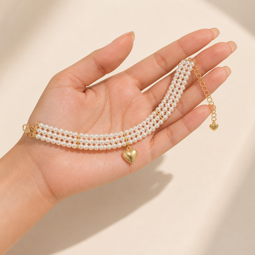 LumaLuxe™ – Romantic Triple-Strand Pearl Choker with Gold Heart Pendant