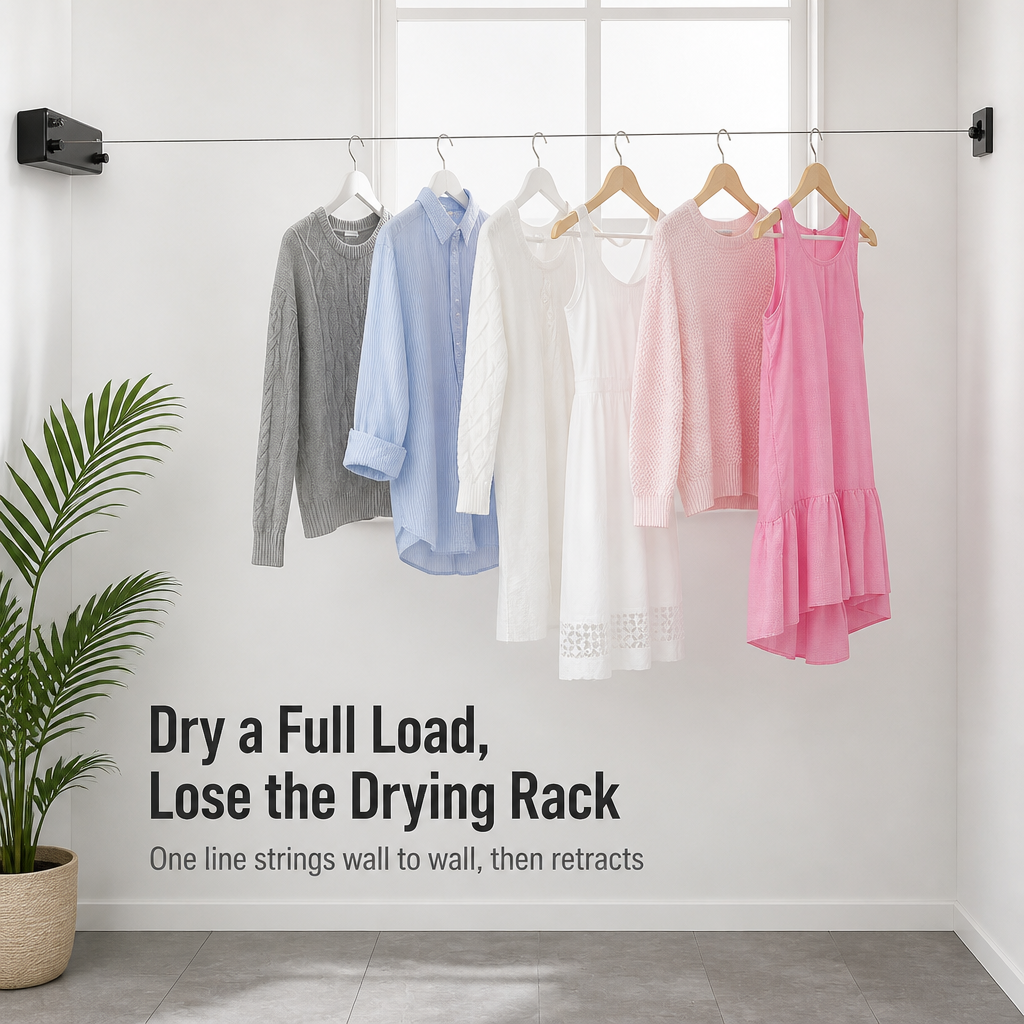 RoomFlow™ — Dry a Full Load, Then Vanish Your Clothesline Flat to the Wall