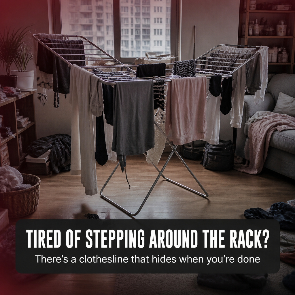 RoomFlow™ — Dry a Full Load, Then Vanish Your Clothesline Flat to the Wall