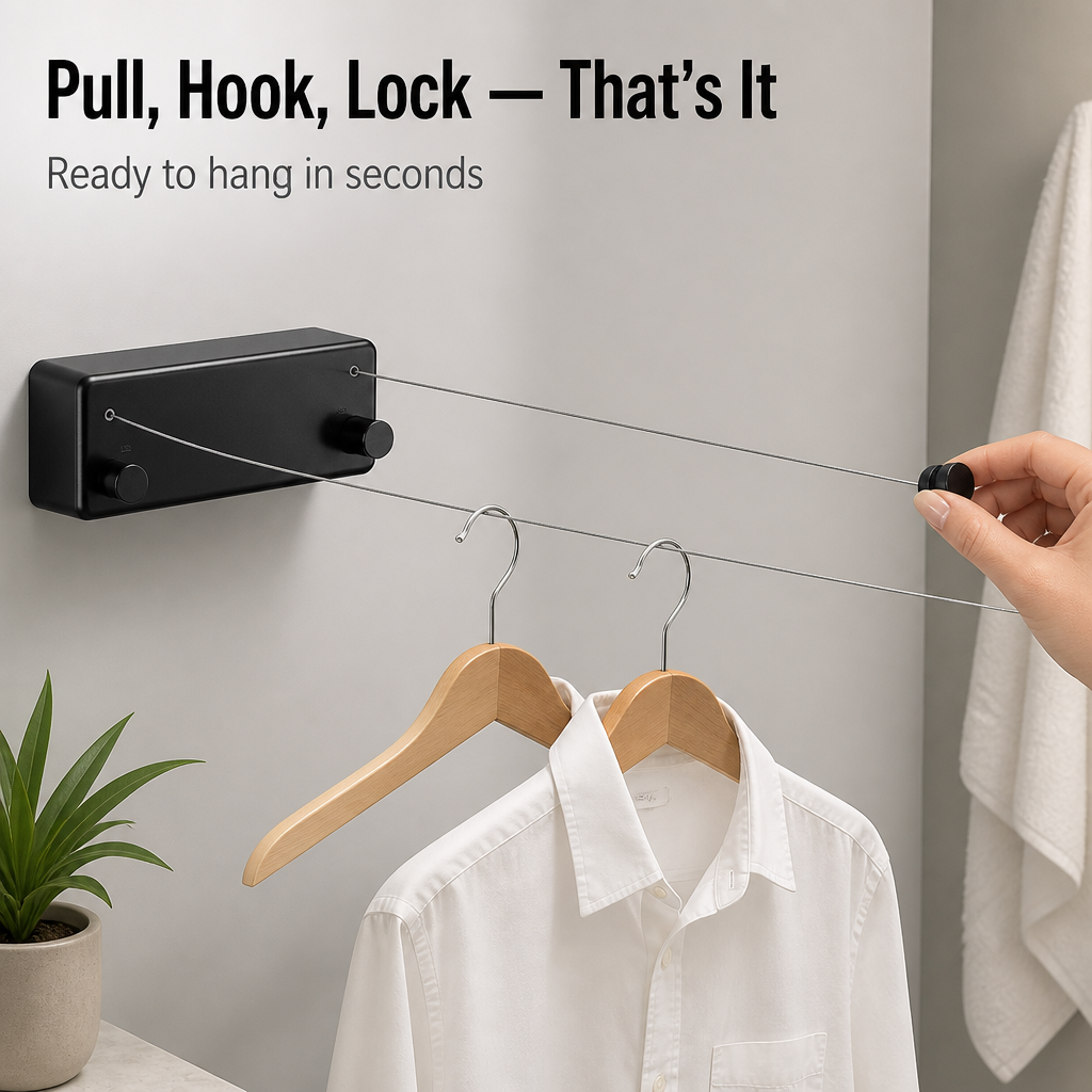 RoomFlow™ — Dry a Full Load, Then Vanish Your Clothesline Flat to the Wall