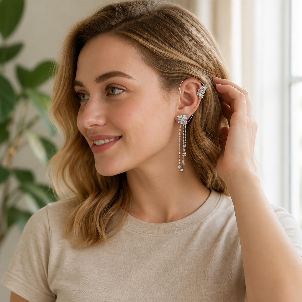 ZephyraLuxe™ – Butterfly Zircon Ear Cuff with Chain Tassels