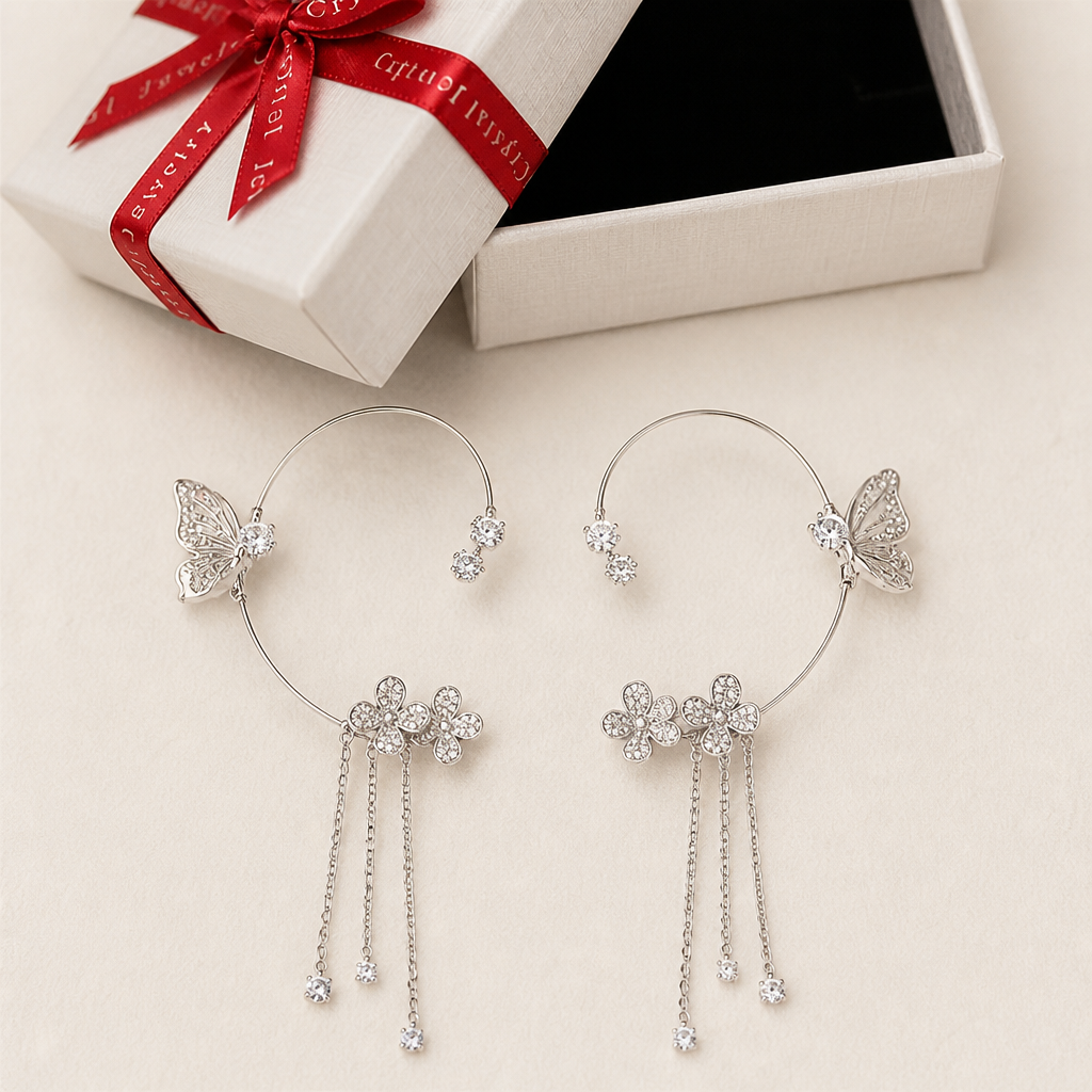 ZephyraLuxe™ – Butterfly Zircon Ear Cuff with Chain Tassels