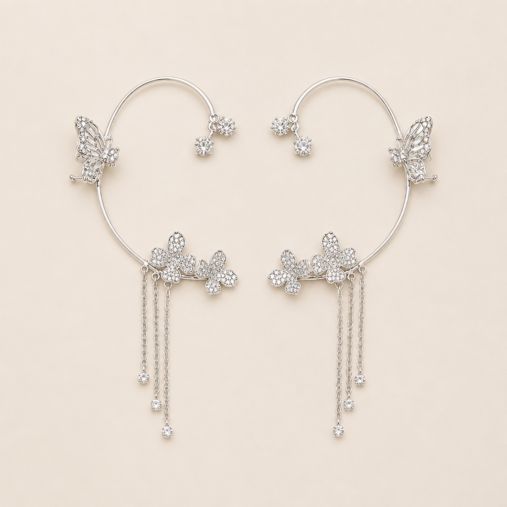 ZephyraLuxe™ – Butterfly Zircon Ear Cuff with Chain Tassels