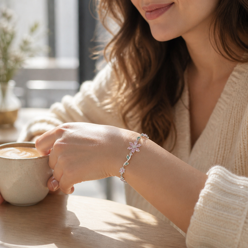 FleurAura™ – Delicate Cherry Blossom Crystal Bracelet with Adjustable Vine Chain