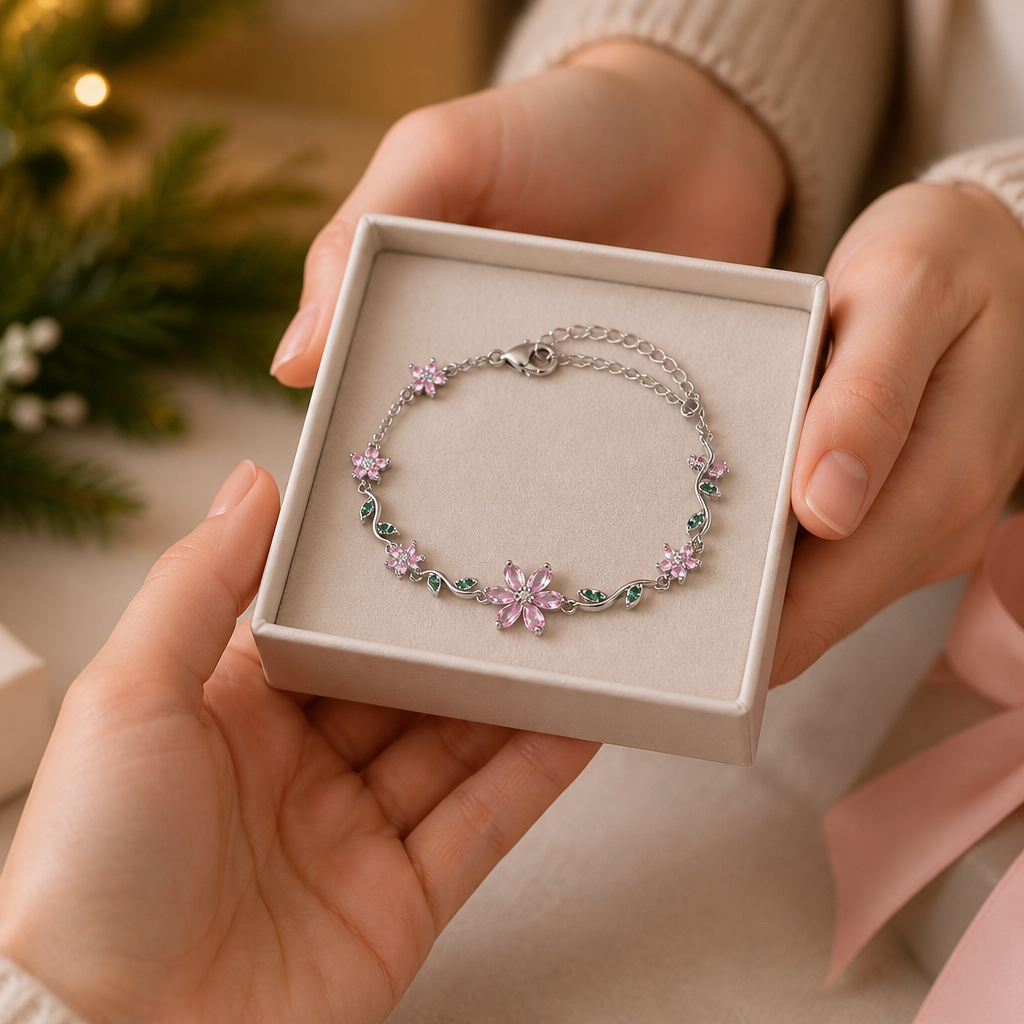 FleurAura™ – Delicate Cherry Blossom Crystal Bracelet with Adjustable Vine Chain