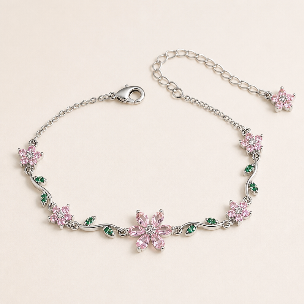 FleurAura™ – Delicate Cherry Blossom Crystal Bracelet with Adjustable Vine Chain
