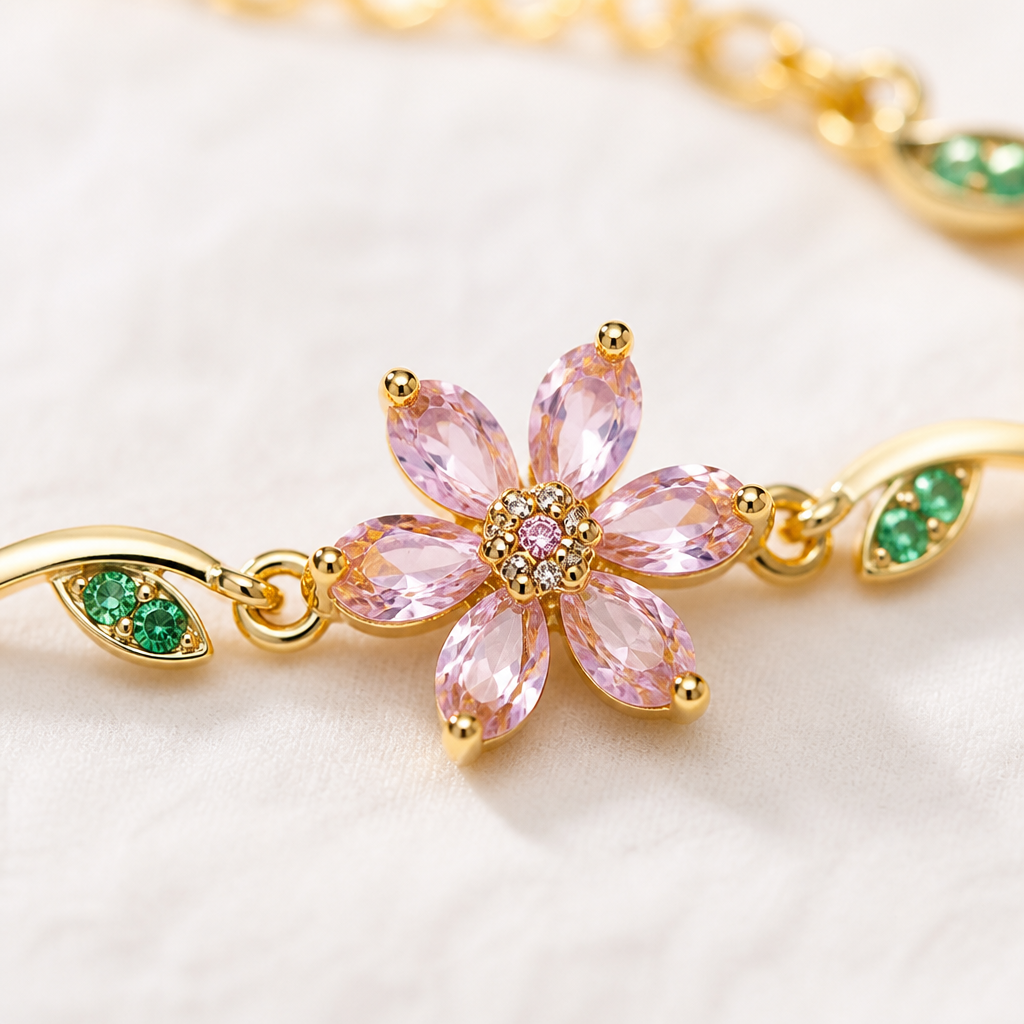 FleurAura™ – Delicate Cherry Blossom Crystal Bracelet with Adjustable Vine Chain