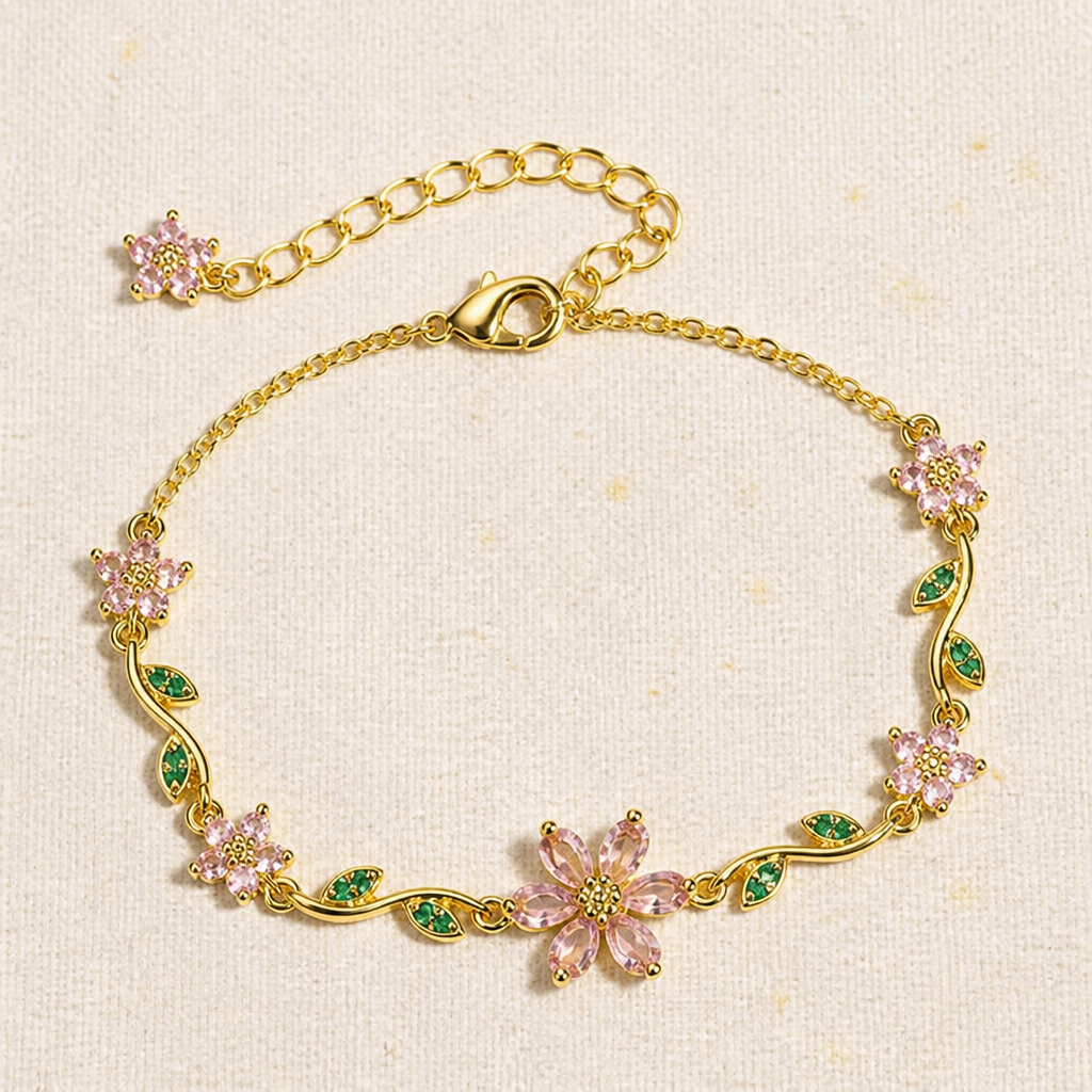 FleurAura™ – Delicate Cherry Blossom Crystal Bracelet with Adjustable Vine Chain