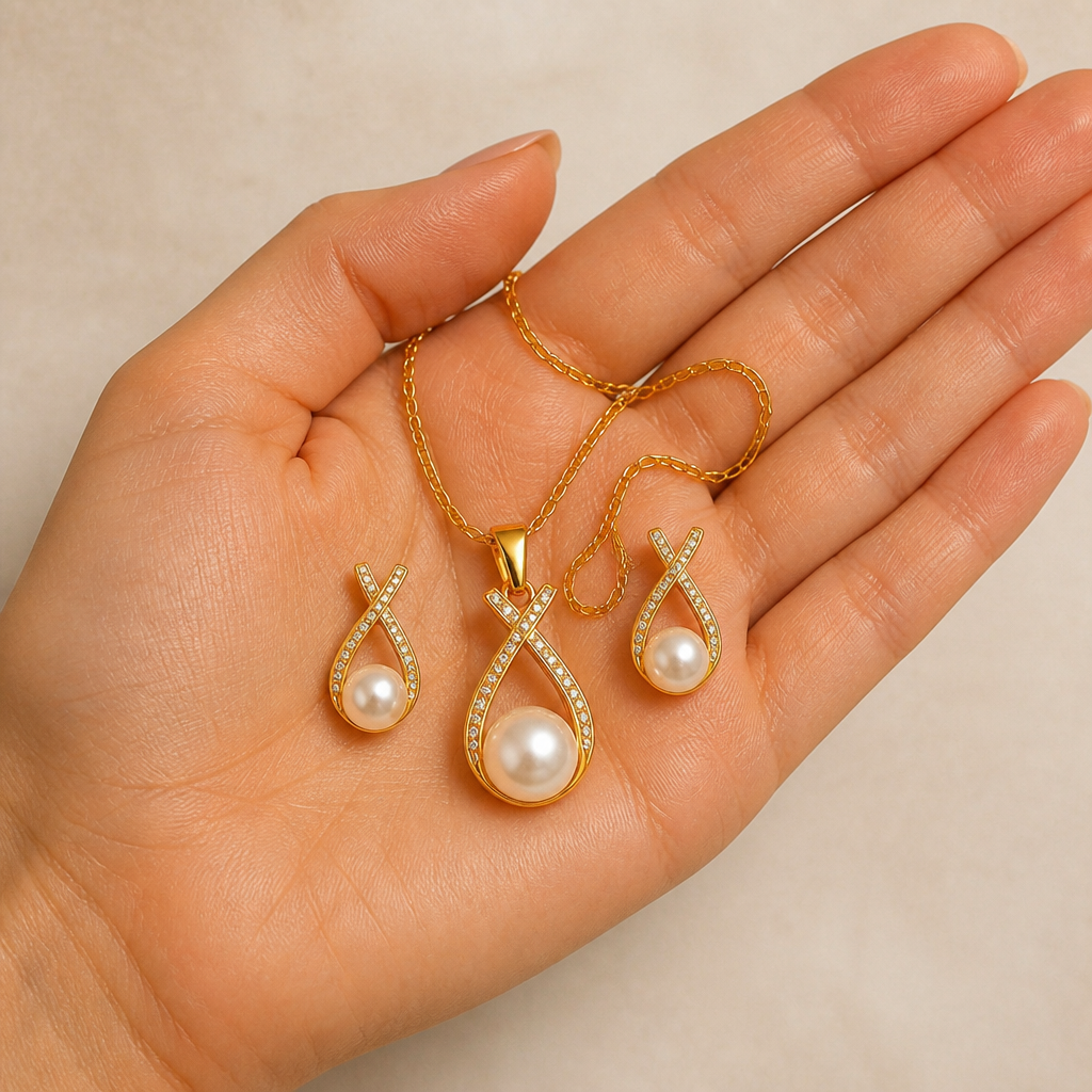 LumaRae™ – Twisted Pavé Pearl Pendant & Earring Set