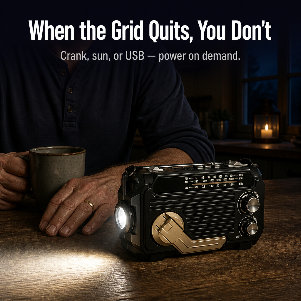 VoltGuard™ — Power Light, Radio, and SOS From Crank, Sun, or USB