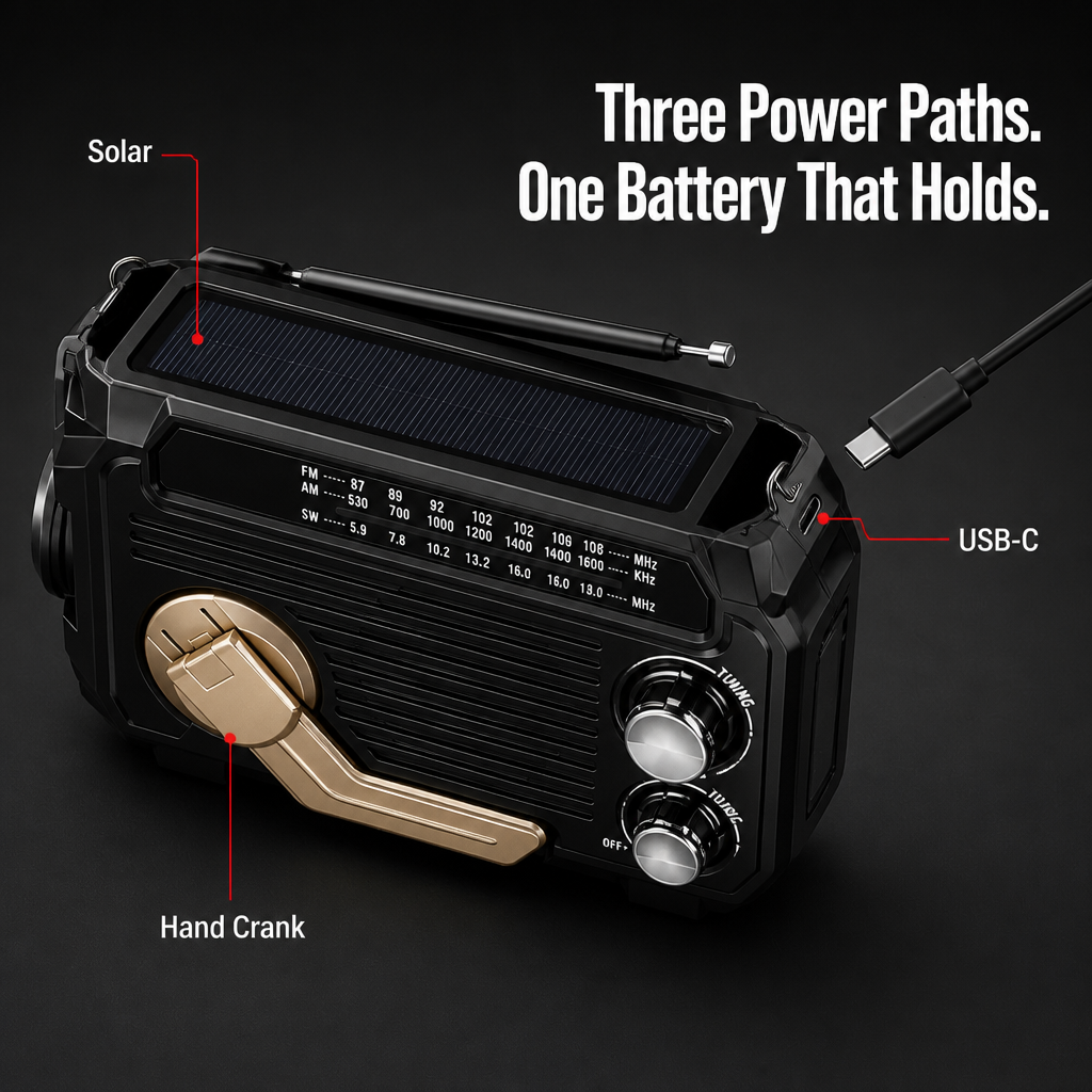 VoltGuard™ — Power Light, Radio, and SOS From Crank, Sun, or USB
