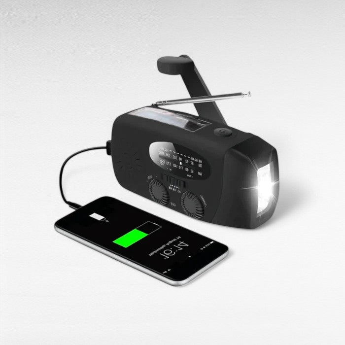 Solar-Powered Hand Crank Radio with Flashlight and Battery Charger