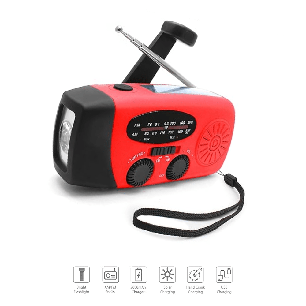 Solar-Powered Hand Crank Radio with Flashlight and Battery Charger