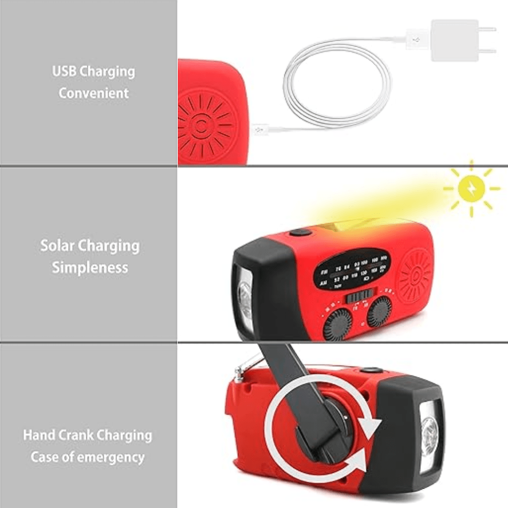 Solar-Powered Hand Crank Radio with Flashlight and Battery Charger
