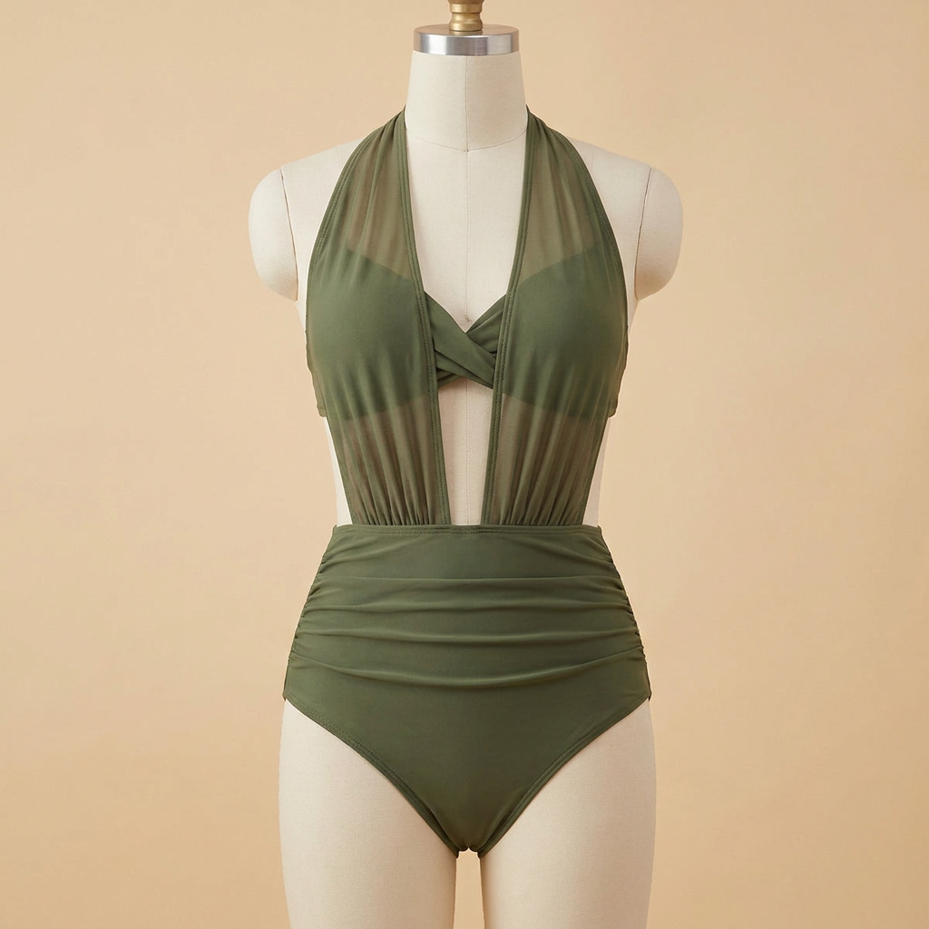BrazaShield™ – Sculpting Mesh Halter Swimsuit with Twist-Front & Ruched High Waist