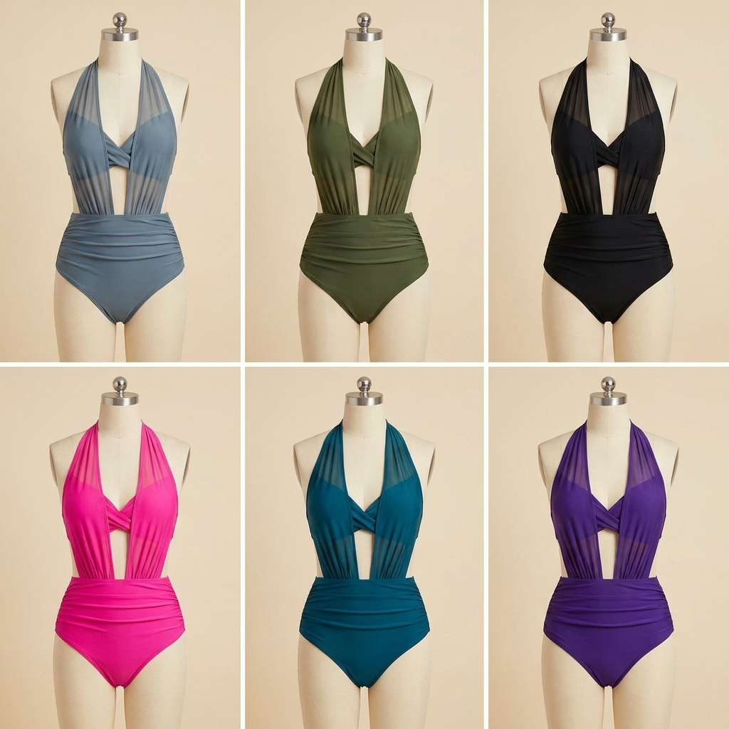 BrazaShield™ – Sculpting Mesh Halter Swimsuit with Twist-Front & Ruched High Waist