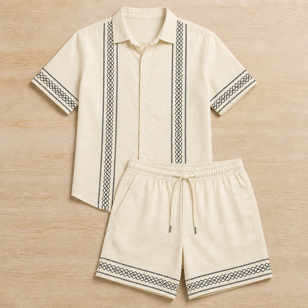 Suncraft™ – Embroidered Cuban-Collar Shirt & Drawstring Shorts Summer Set