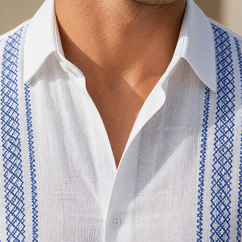 Suncraft™ – Embroidered Cuban-Collar Shirt & Drawstring Shorts Summer Set