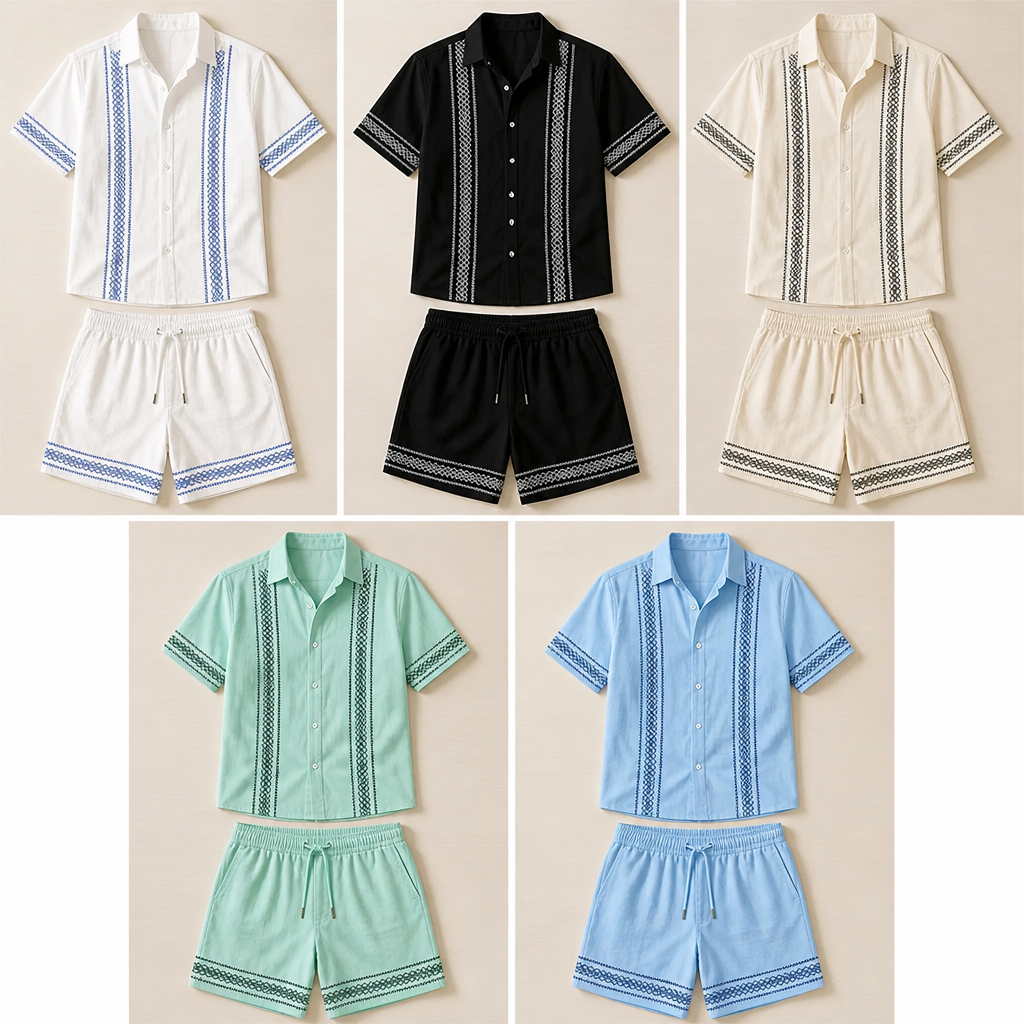 Suncraft™ – Embroidered Cuban-Collar Shirt & Drawstring Shorts Summer Set