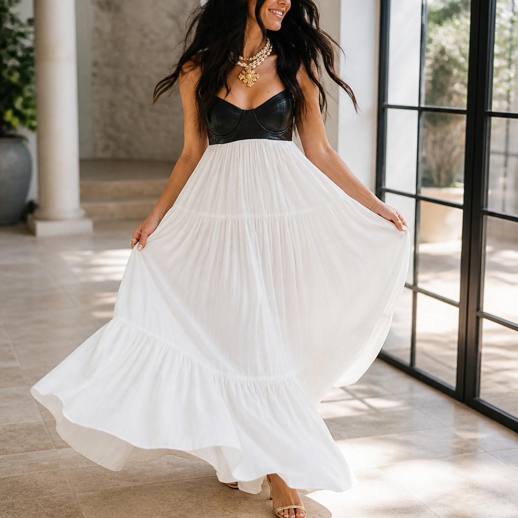 NoirFemme™ – Bold Faux-Leather Bustier Tiered Maxi Dress