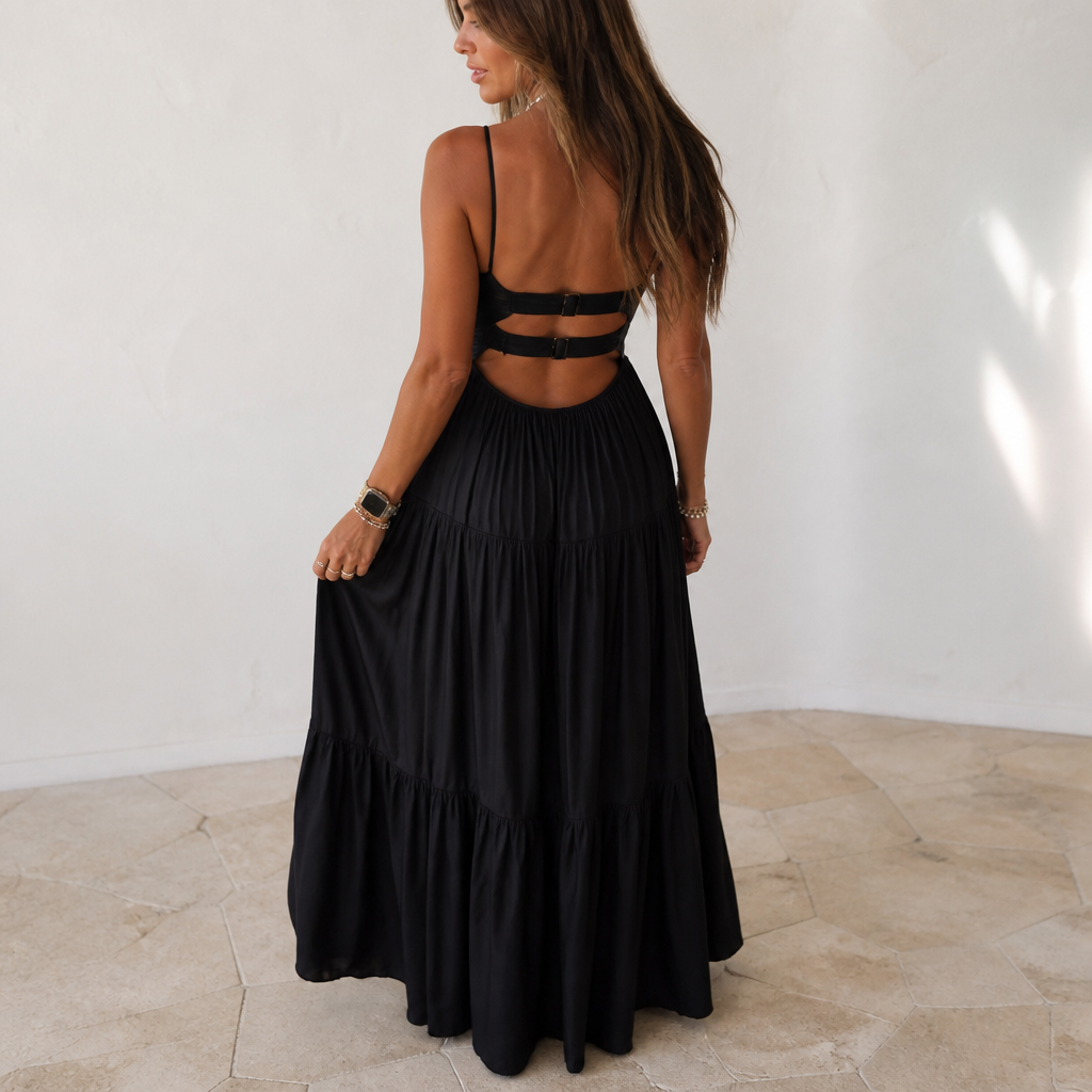 NoirFemme™ – Bold Faux-Leather Bustier Tiered Maxi Dress