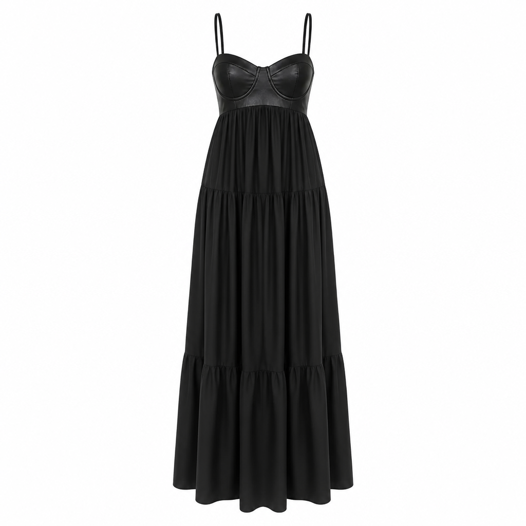NoirFemme™ – Bold Faux-Leather Bustier Tiered Maxi Dress