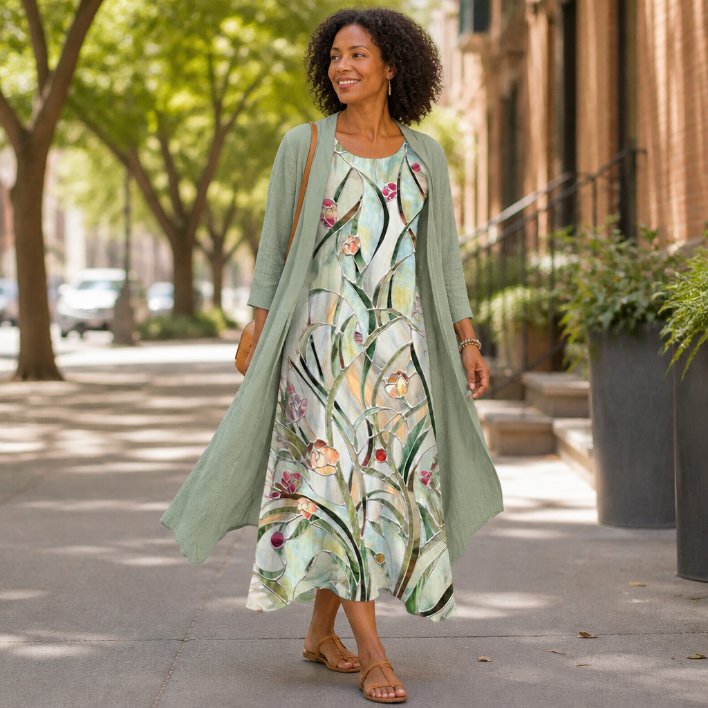 AmaraBelle™ – Flowy Floral Two-Piece Maxi Dress with Matching Cardigan