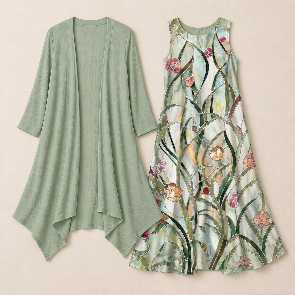 AmaraBelle™ – Flowy Floral Two-Piece Maxi Dress with Matching Cardigan