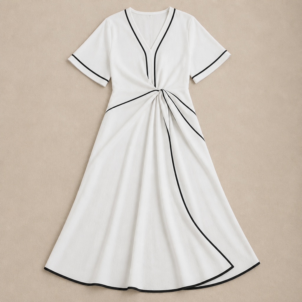 SolariaSilk™ – Flowy Contrast-Trim Midi Dress with Twist-Knot Waist