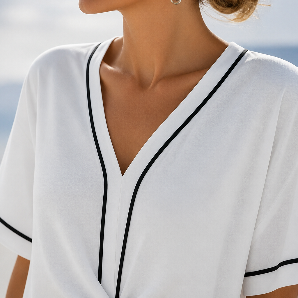 SolariaSilk™ – Flowy Contrast-Trim Midi Dress with Twist-Knot Waist