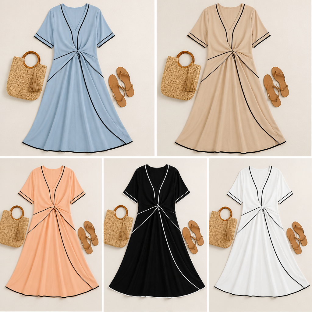 SolariaSilk™ – Flowy Contrast-Trim Midi Dress with Twist-Knot Waist