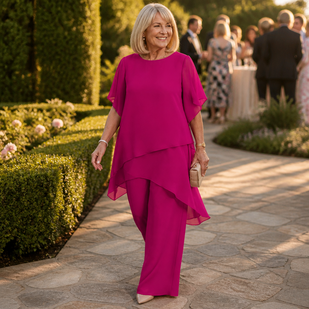 ZephyraFlex™ – Elegant Asymmetrical Chiffon Top & Wide-Leg Pants Set