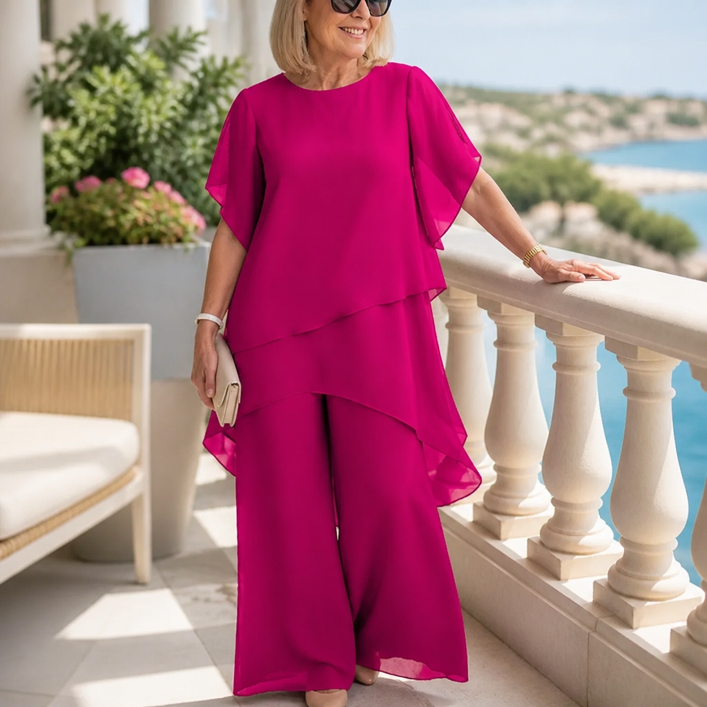 ZephyraFlex™ – Elegant Asymmetrical Chiffon Top & Wide-Leg Pants Set