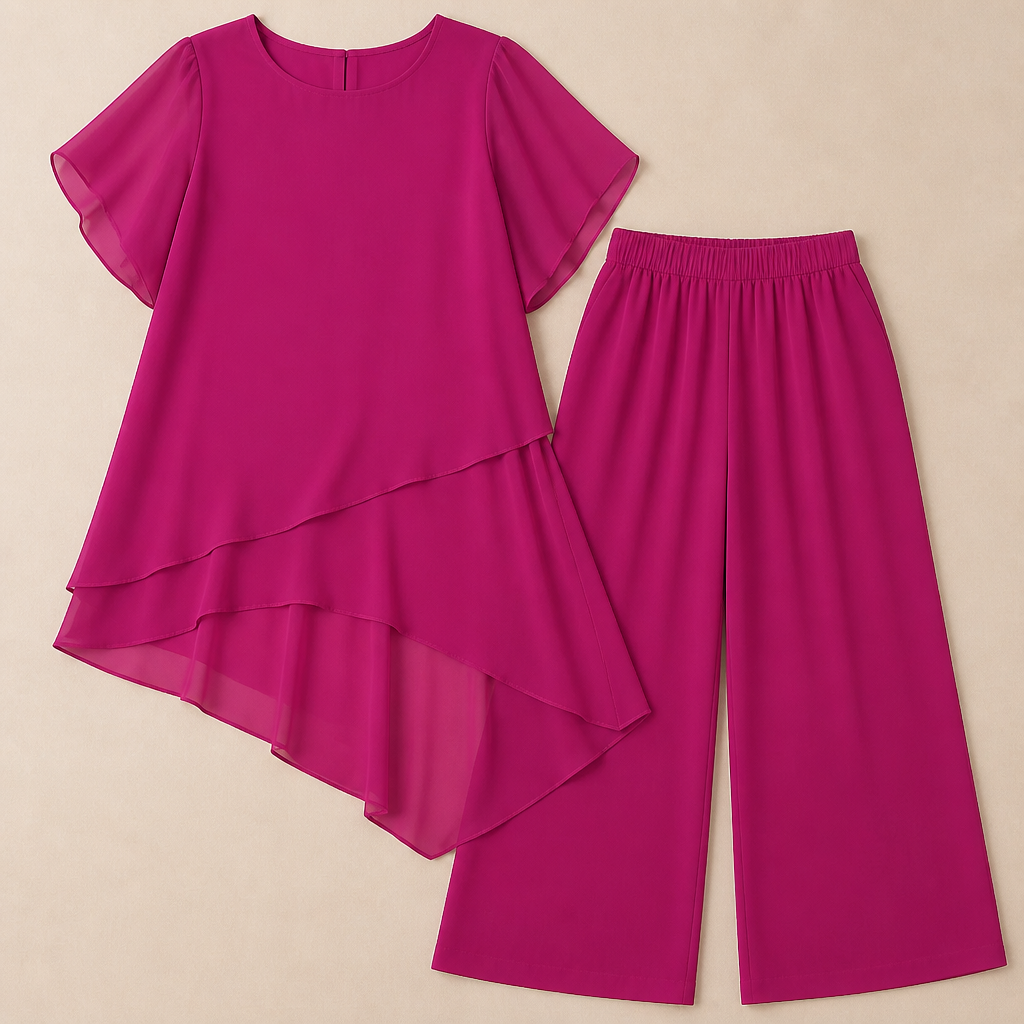 ZephyraFlex™ – Elegant Asymmetrical Chiffon Top & Wide-Leg Pants Set