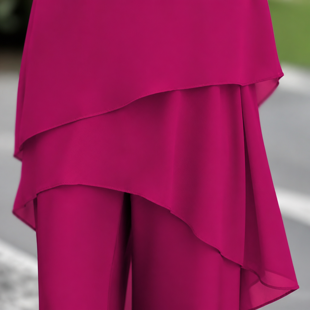 ZephyraFlex™ – Elegant Asymmetrical Chiffon Top & Wide-Leg Pants Set