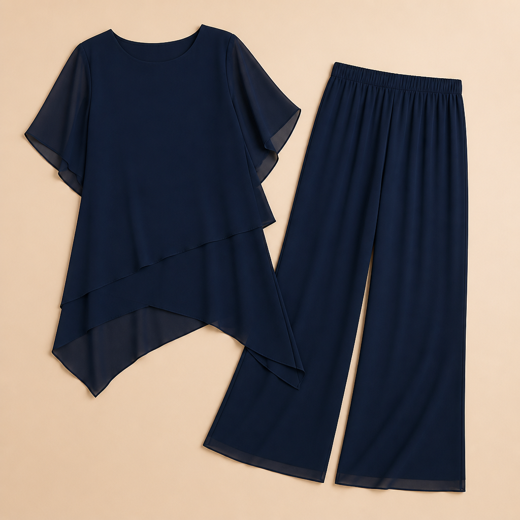 ZephyraFlex™ – Elegant Asymmetrical Chiffon Top & Wide-Leg Pants Set