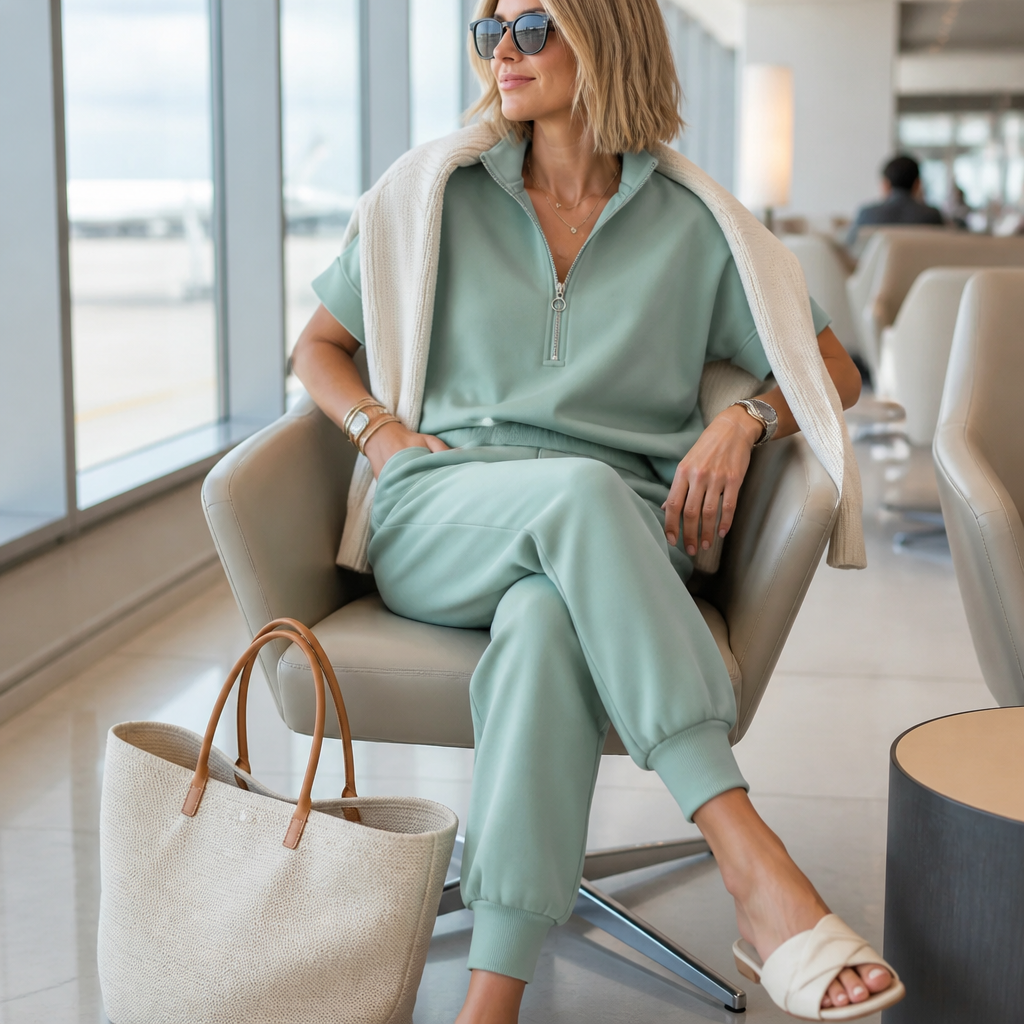 Avelle™ – Relaxed Cap-Sleeve Quarter-Zip Lounge Set with Tapered Joggers