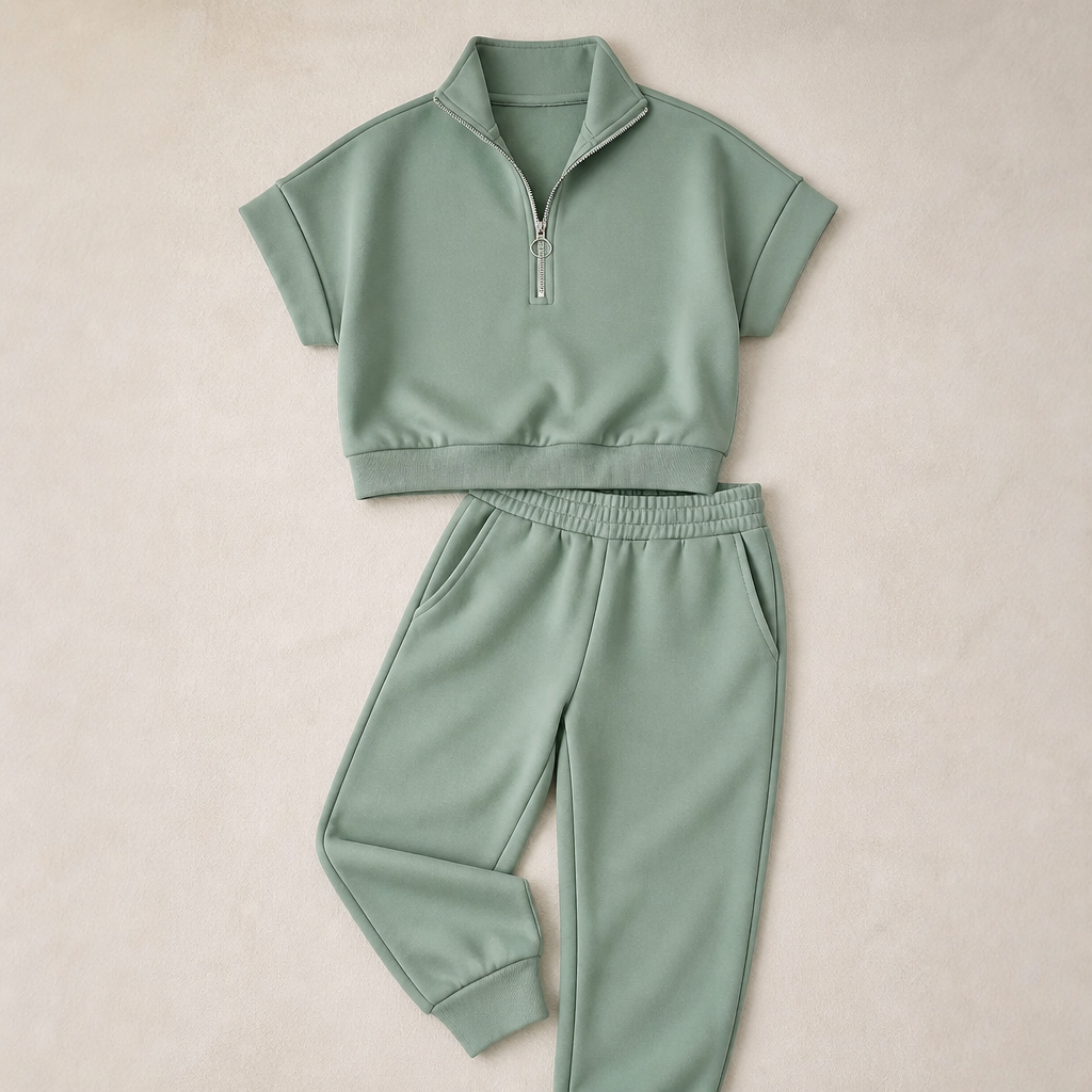Avelle™ – Relaxed Cap-Sleeve Quarter-Zip Lounge Set with Tapered Joggers