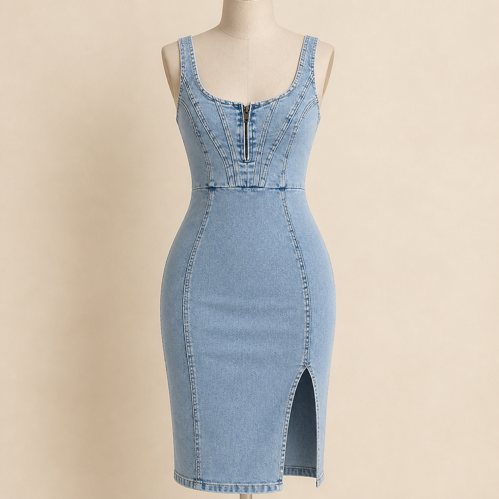SerenStride™ – Figure-Hugging Stretch Denim Midi Dress with Front Zip & Side Slit