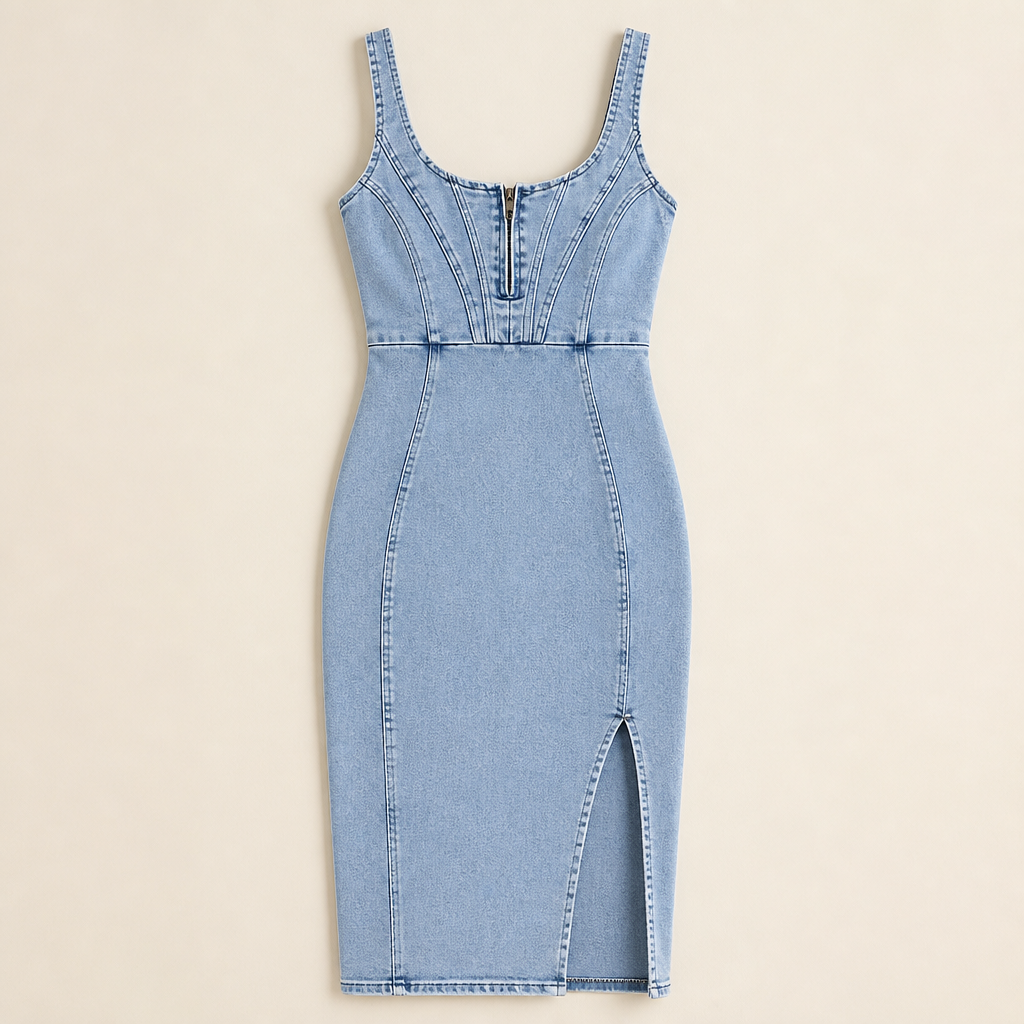 SerenStride™ – Figure-Hugging Stretch Denim Midi Dress with Front Zip & Side Slit