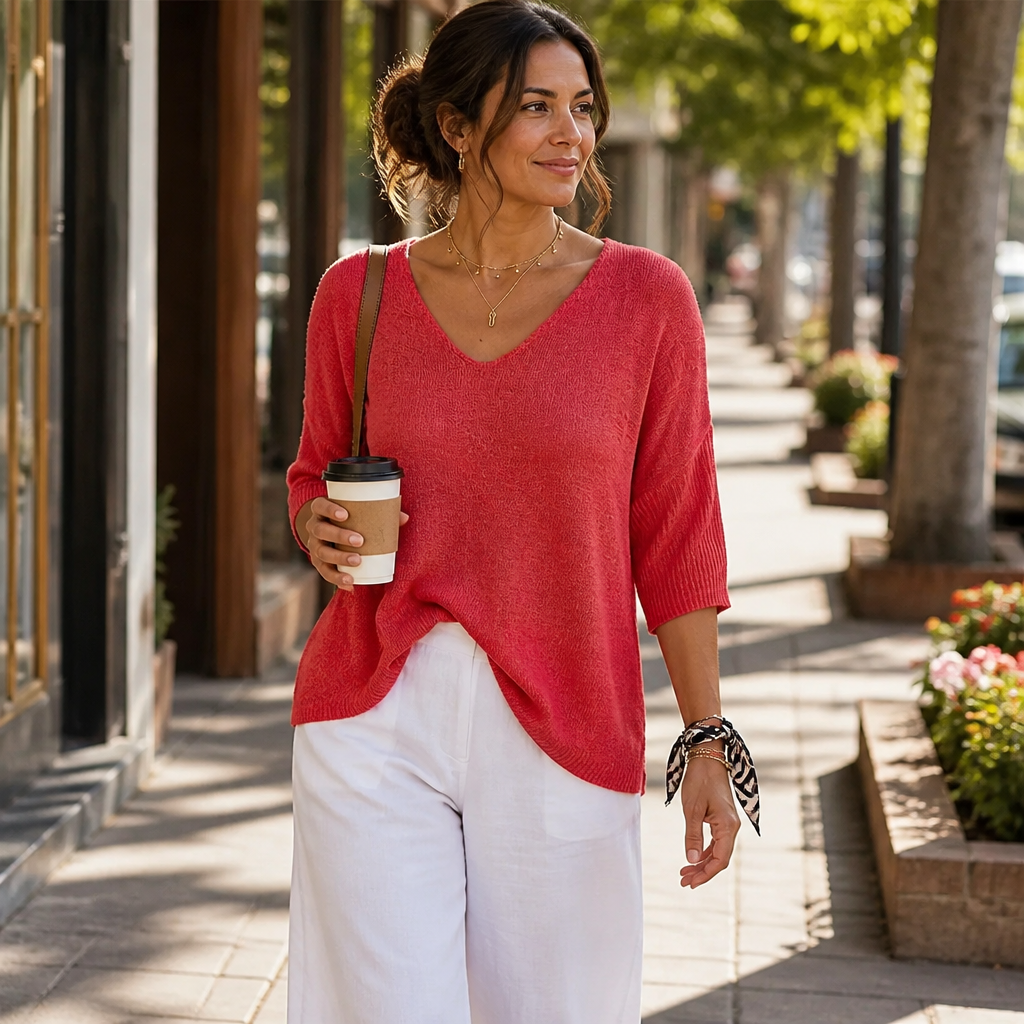 LuminaLuxe™ – Relaxed V-Neck Soft Knit Top with 3/4 Sleeves