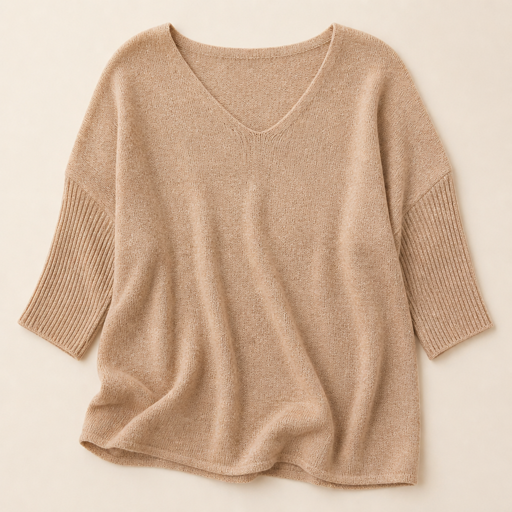 LuminaLuxe™ – Relaxed V-Neck Soft Knit Top with 3/4 Sleeves