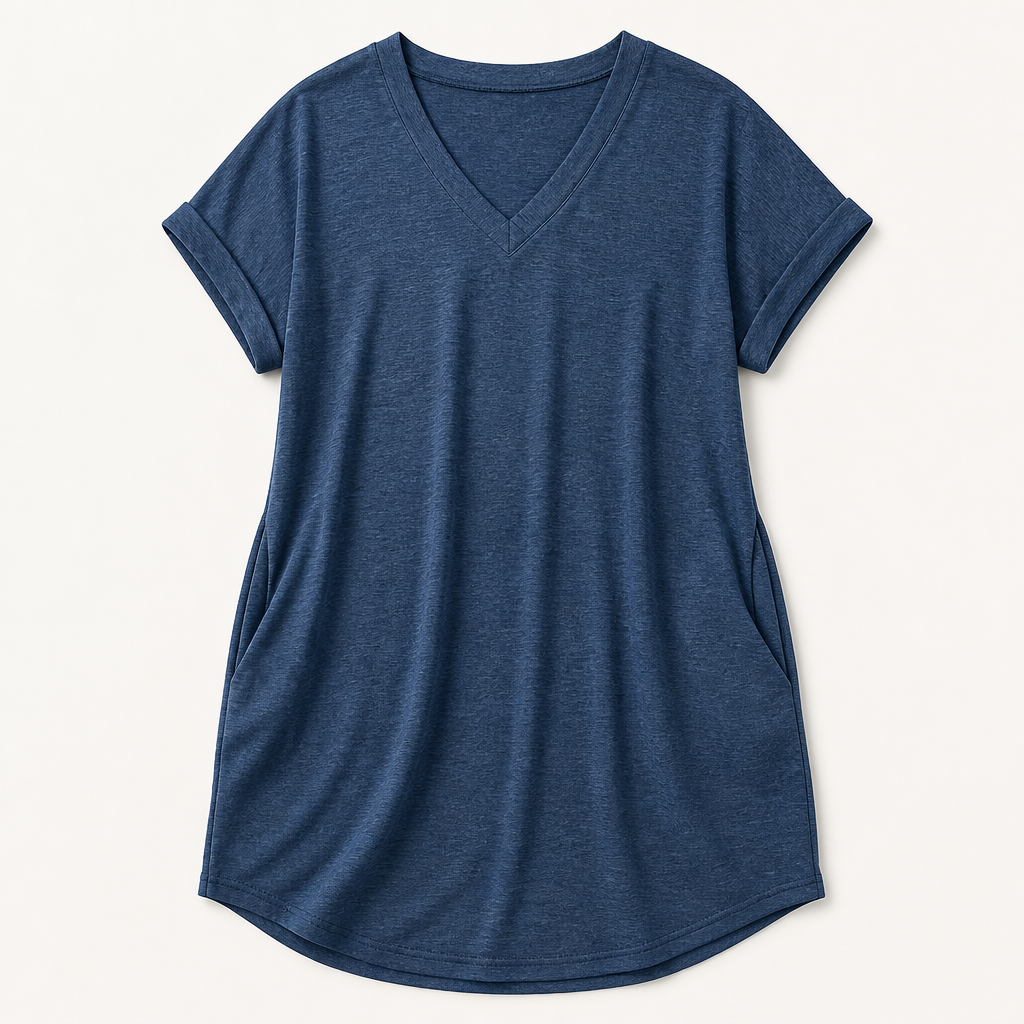 LumiBella™ – Soft Relaxed V-Neck T-Shirt Dress with Side Pockets