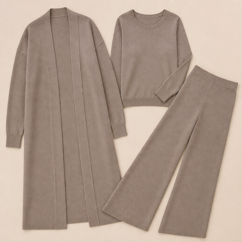 Verena™ – Elegant Three-Piece Knit Set with Longline Duster Cardigan