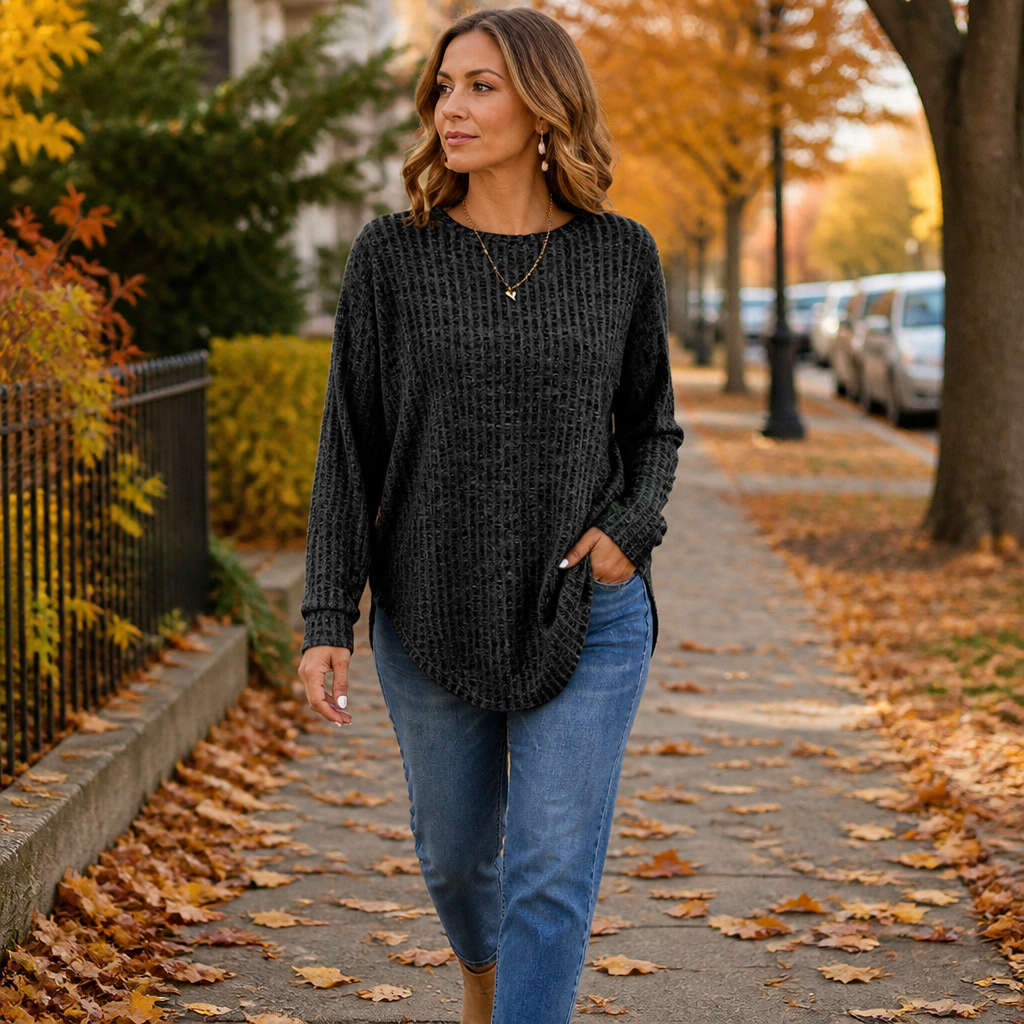 LunaRay™ – Relaxed Waffle-Knit Long Sleeve Top with Curved Hem